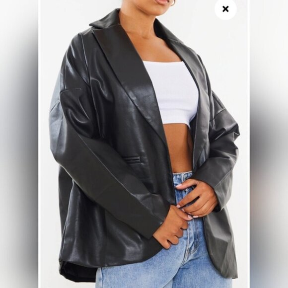 PrettyLittleThing women's size 12 black faux Leather oversize Dad Blazer NWT - Picture 7 of 10